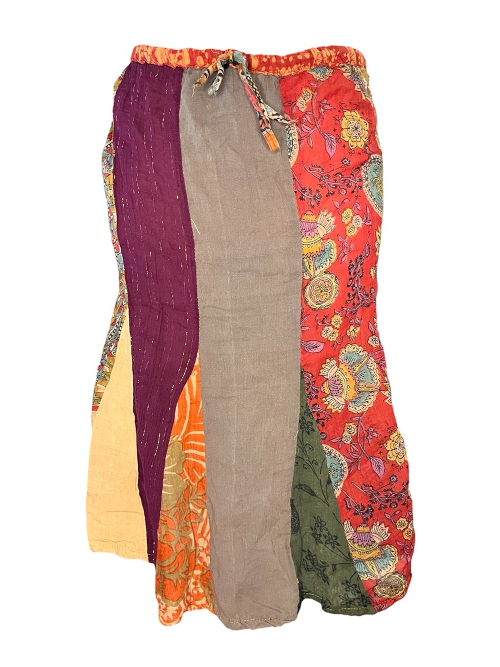 Vintage Bohemian Patchwork Maxi Skirt in Red, Purple Orange & Olive